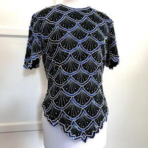 Vtg Laurence Kazar Silk Beaded Sequin Top M Mermaid Scallop Blue Green Art Deco